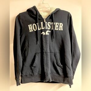 Hollister Women’s Sherpa-Lined Tie Hoodie, Large, Navy Blue/White, Front Zipper